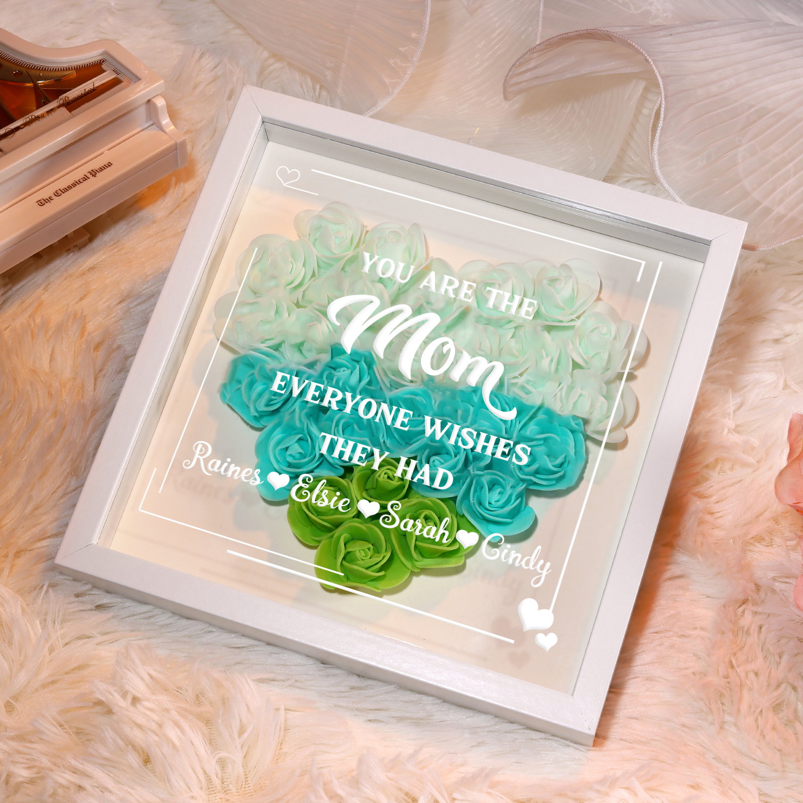 Personalized 1 Nickname & 4 Names Heart-Shaped Rose Shadow Box Frame – Custom Gift for Mom, Grandma & Loved Ones| Lorajewel