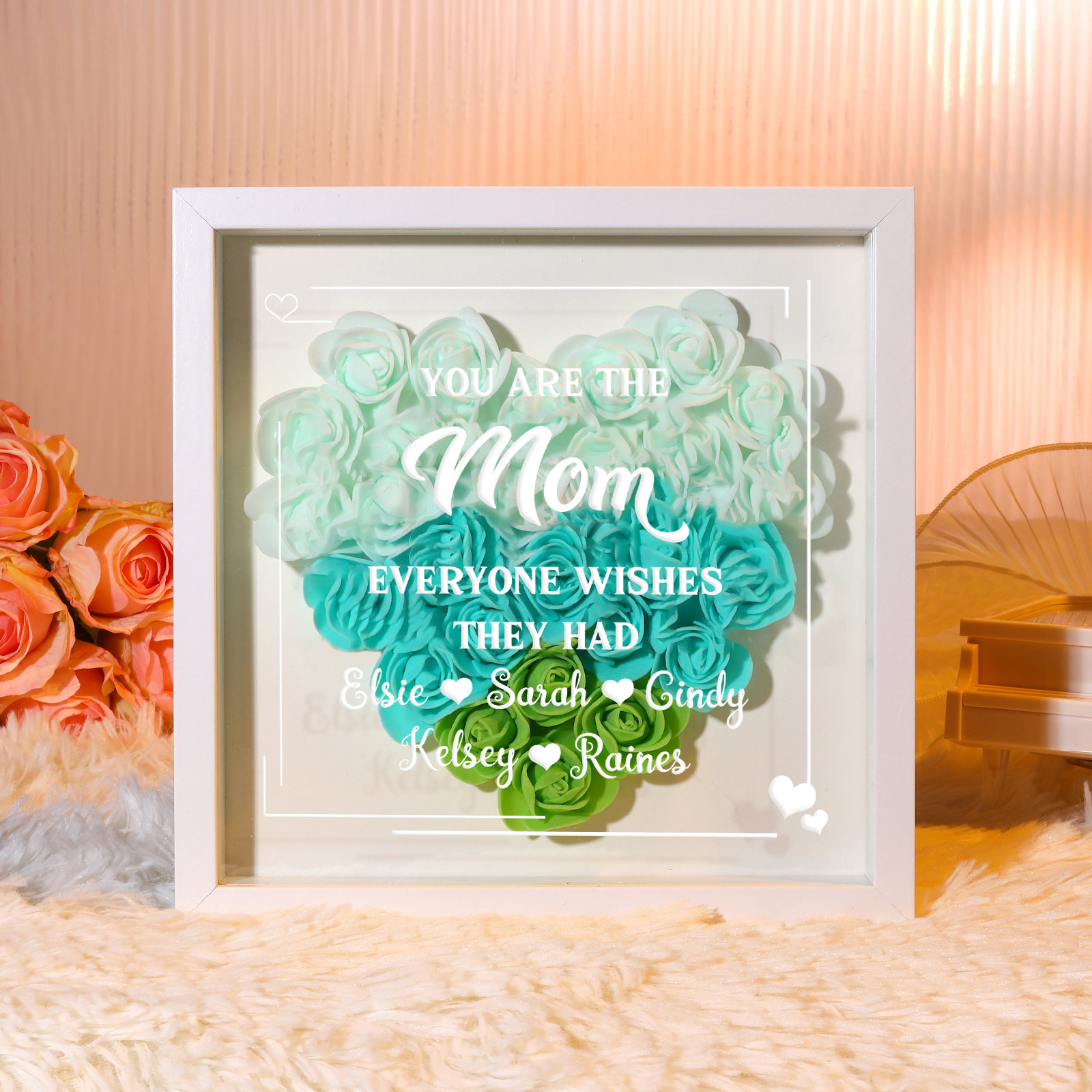 Personalized 1 Nickname & 5 Names Heart-Shaped Rose Shadow Box Frame – Custom Gift for Mom, Grandma & Loved Ones| Lorajewel