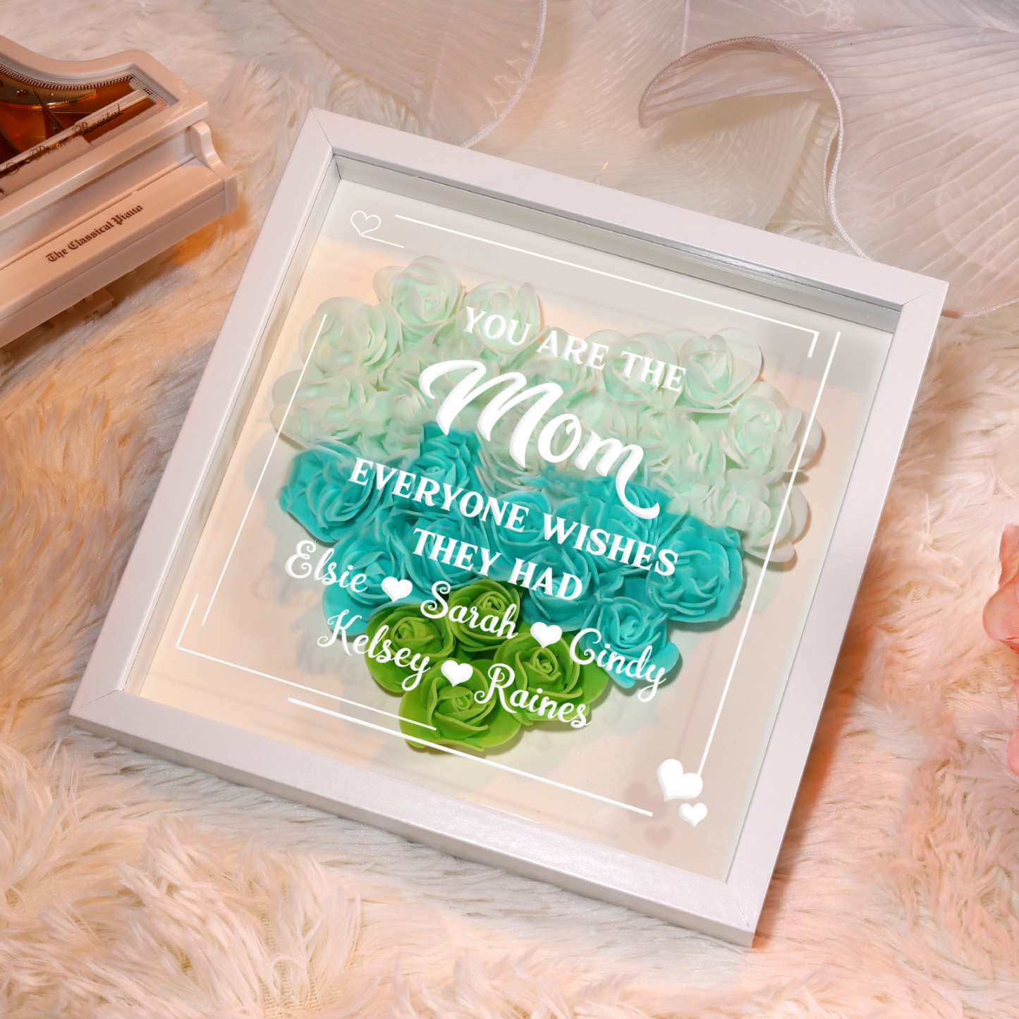 Personalized 1 Nickname & 5 Names Heart-Shaped Rose Shadow Box Frame – Custom Gift for Mom, Grandma & Loved Ones| Lorajewel