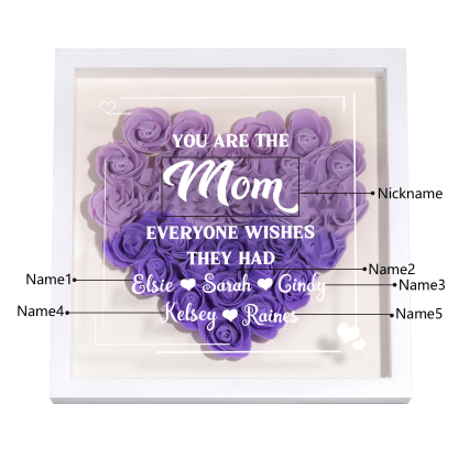 Personalized 1 Nickname & 5 Names Heart-Shaped Rose Shadow Box Frame – Custom Gift for Mom, Grandma & Loved Ones| Lorajewel