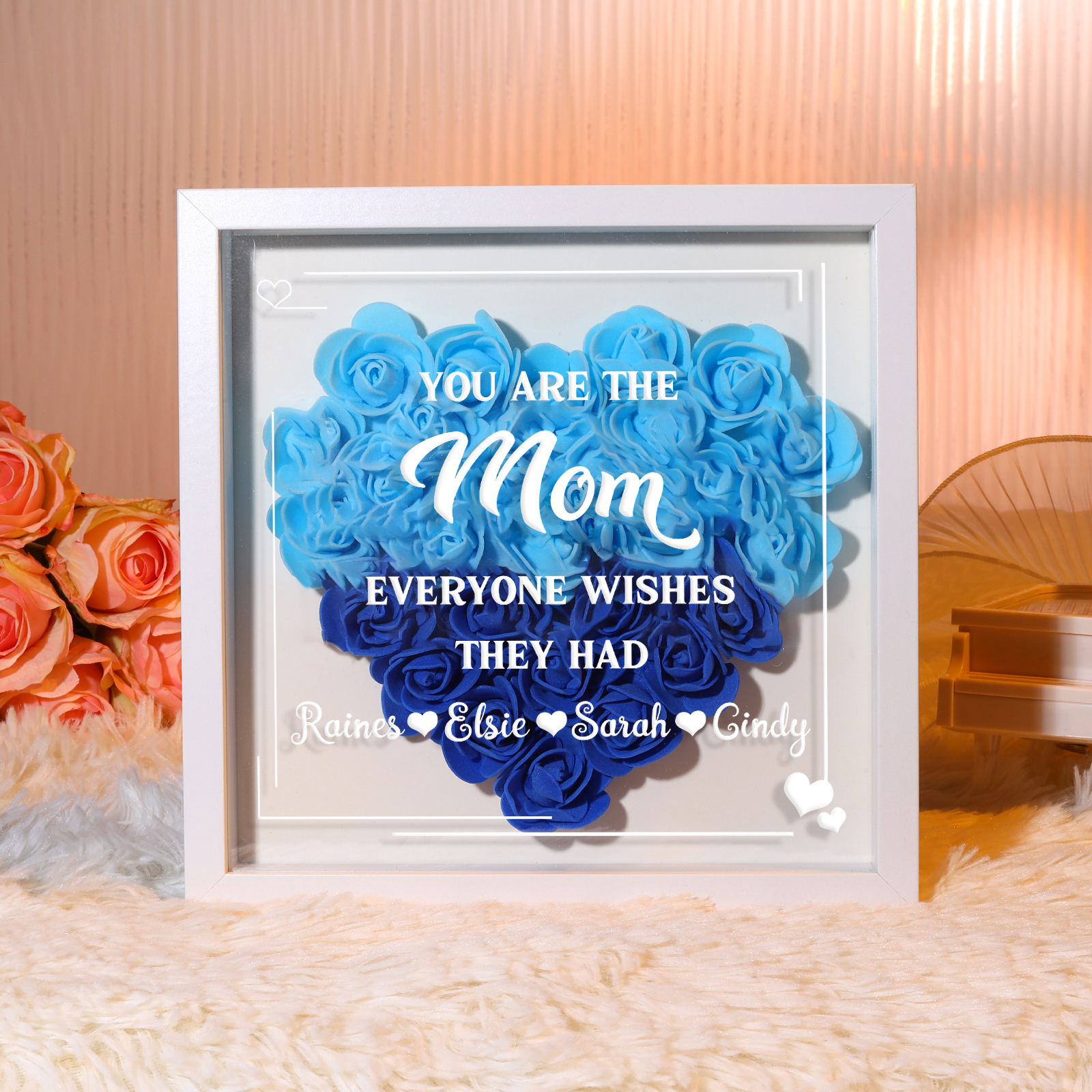 Personalized 1 Nickname & 4 Names Heart-Shaped Rose Shadow Box Frame – Custom Gift for Mom, Grandma & Loved Ones| Lorajewel