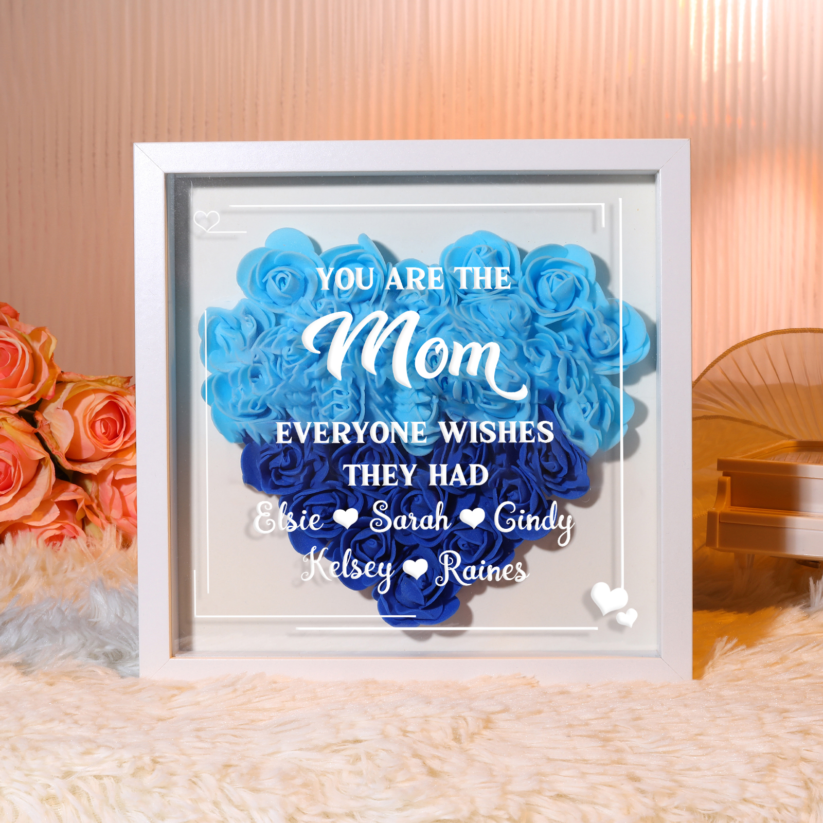 Personalized 1 Nickname & 5 Names Heart-Shaped Rose Shadow Box Frame – Custom Gift for Mom, Grandma & Loved Ones| Lorajewel
