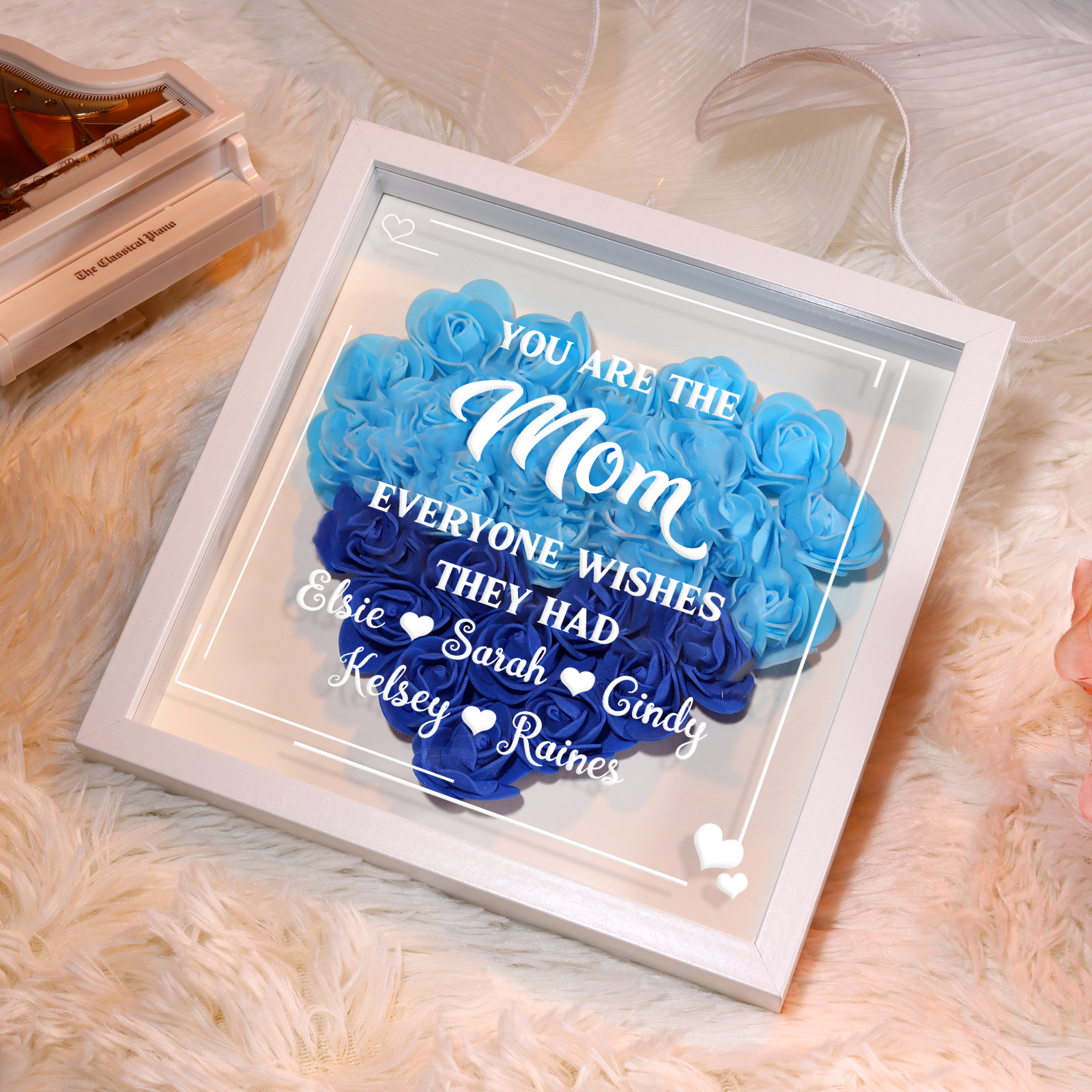 Personalized 1 Nickname & 5 Names Heart-Shaped Rose Shadow Box Frame – Custom Gift for Mom, Grandma & Loved Ones| Lorajewel