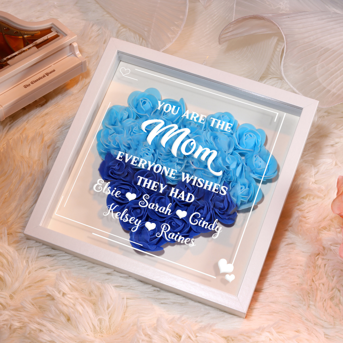 Personalized 1 Nickname & 5 Names Heart-Shaped Rose Shadow Box Frame – Custom Gift for Mom, Grandma & Loved Ones| Lorajewel