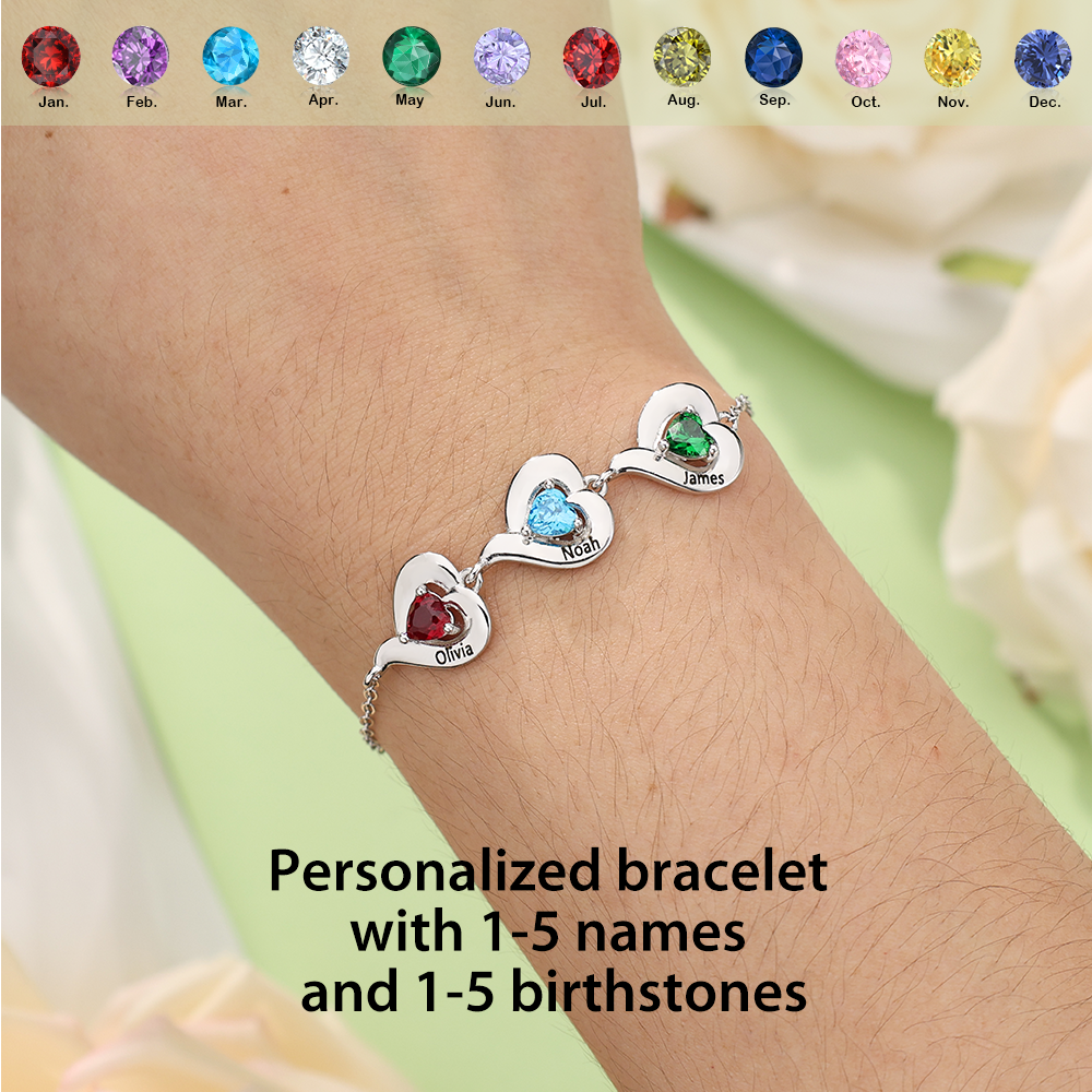 Personalized 1-5 Names Adjustable Heart Birthstone Bracelet