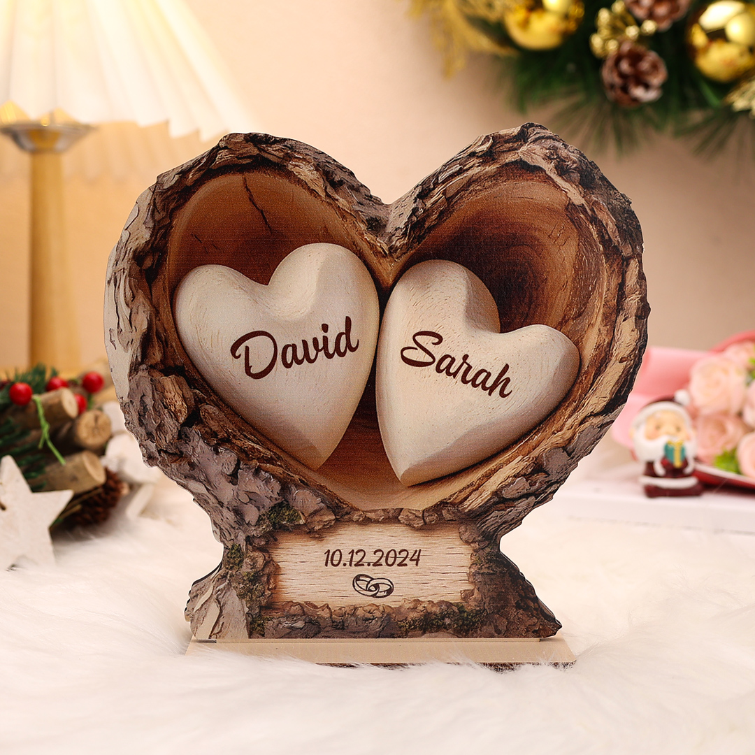 Personalized heart-shaped wooden plaque – 2 names, 1 date – Valentine's Day, birthday, anniversary, or wedding gift for boyfriend, girlfriend, husband, or wife | Lorajewel