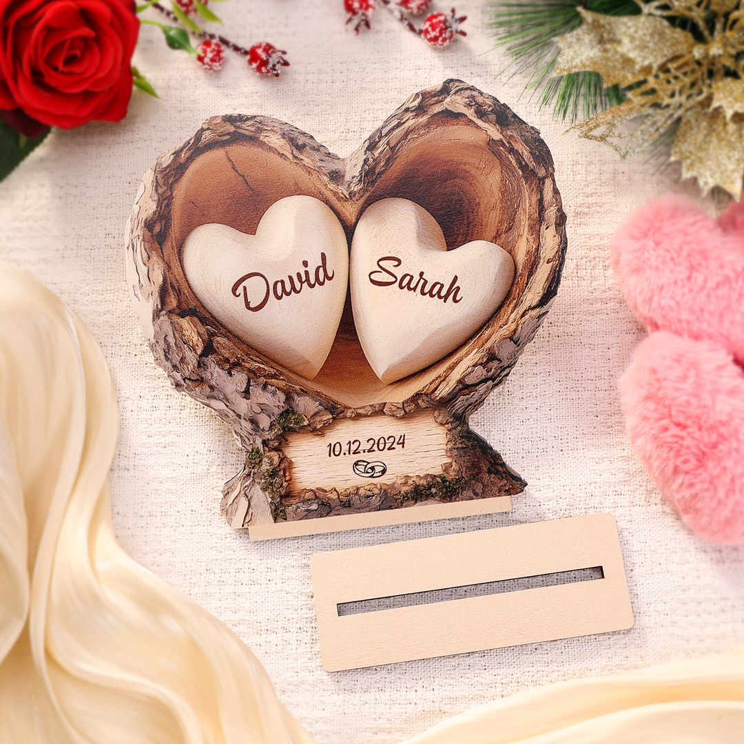 Personalized Wooden Heart-Shaped Tree Trunk Plaque for Couples