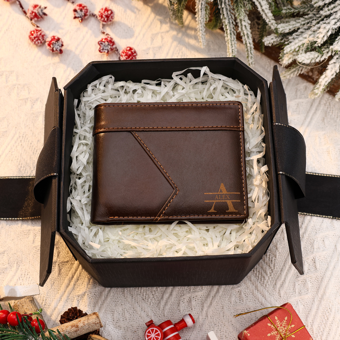 Personalized Leather Wallet Custom Name and Letter Gift for Him