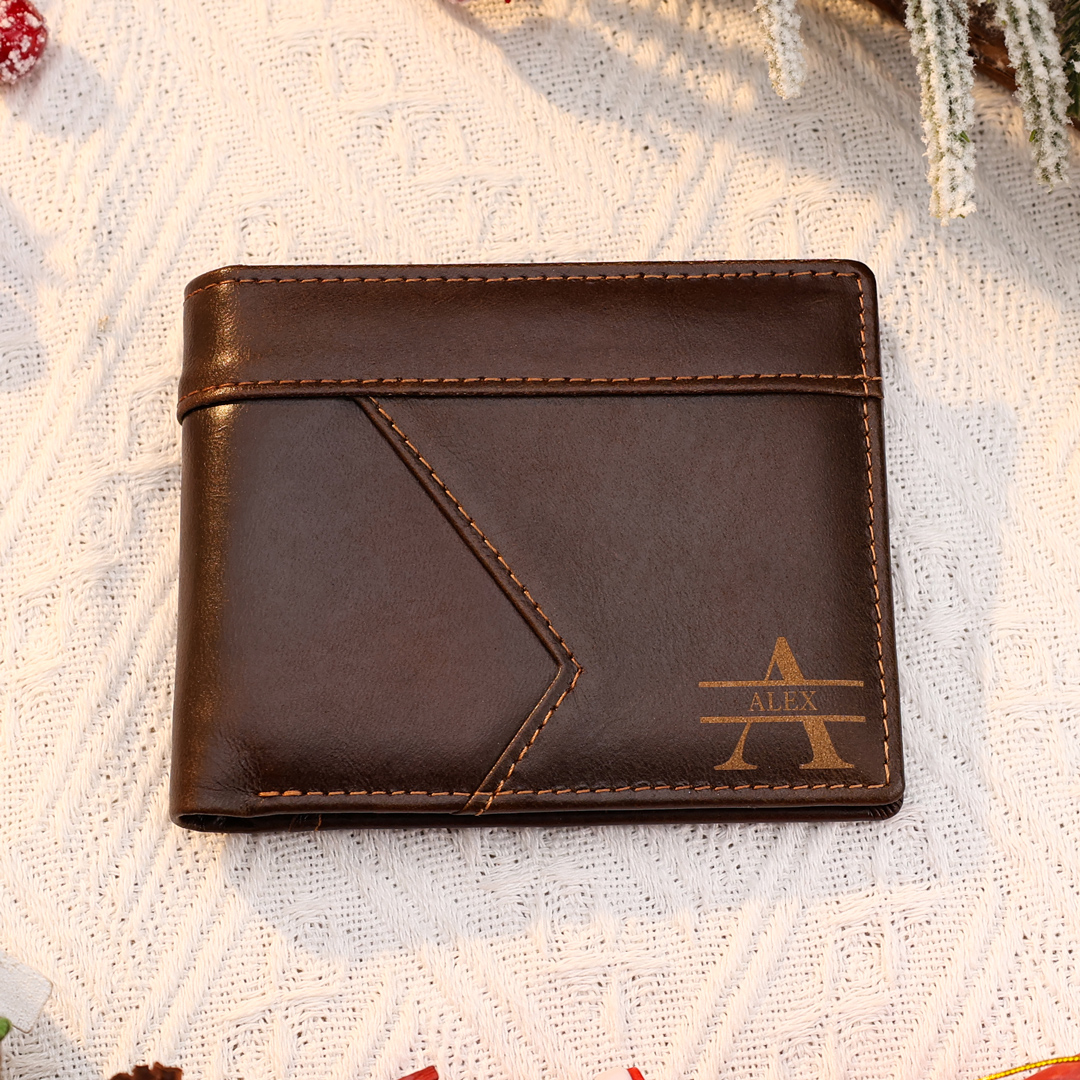 Personalized Leather Wallet Custom Name and Letter Gift for Him