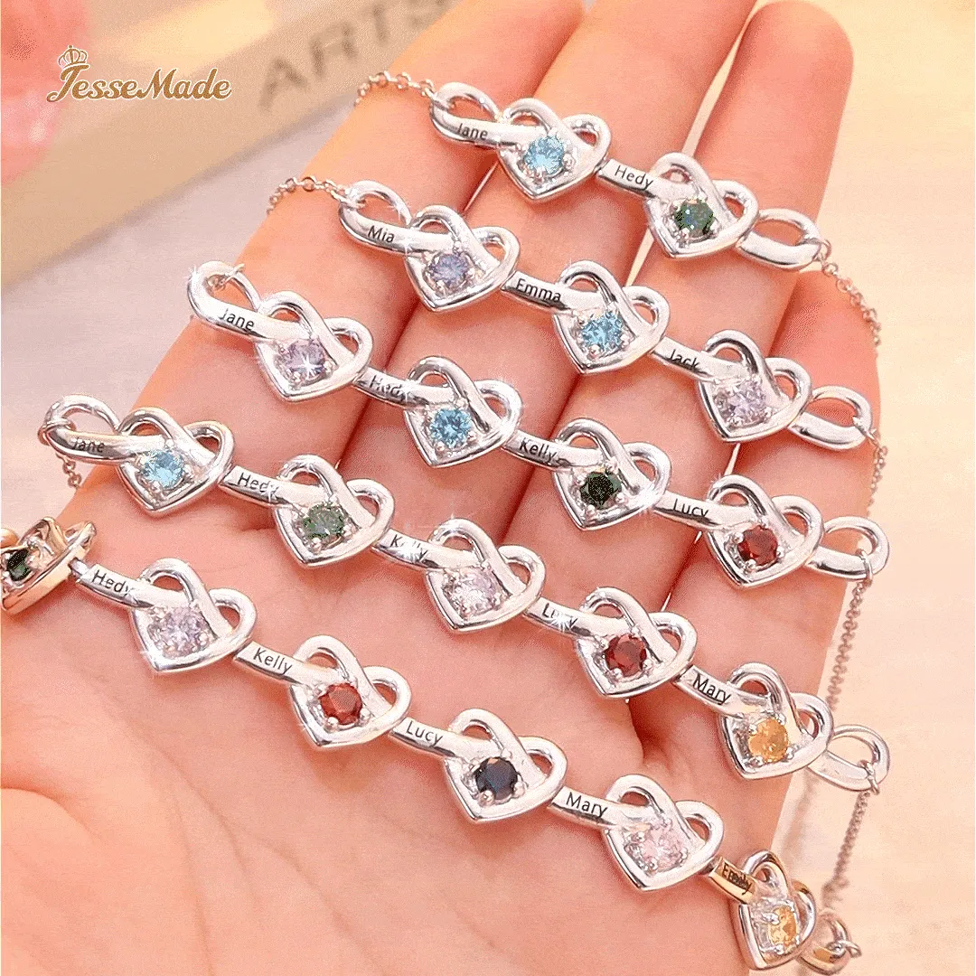 5 Names - Personalized Linked Heart Bracelet Custom Names & Birthstones & Text Bracelets Birthday Gift For Her- Mother's Day Gift for Mom/Grandma