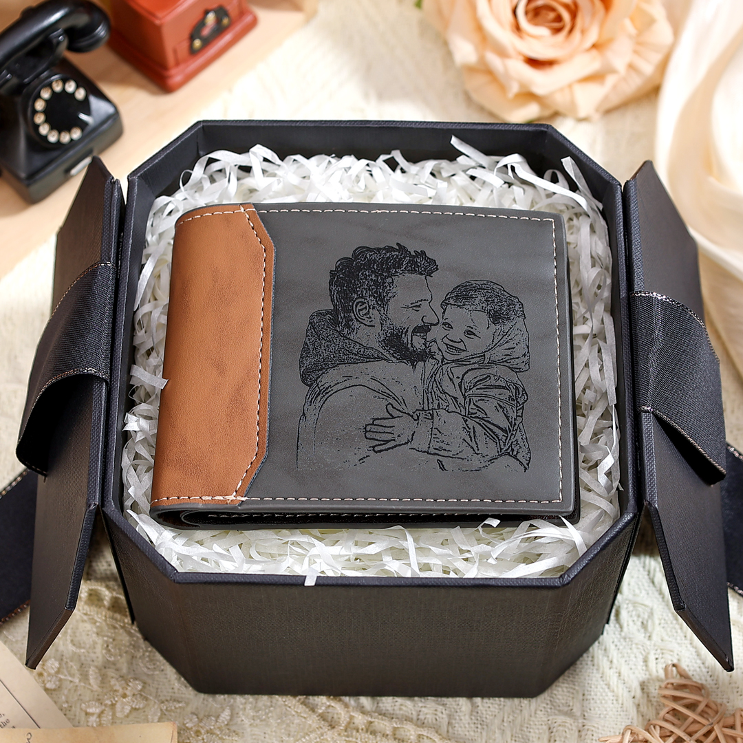 Personalized Photo Wallet for Dad – Custom Engraved Muscle Leather Wallet for Men | Lorajewel