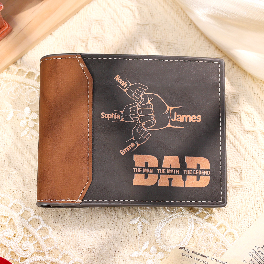 2–9 Names Personalized Men's Leather Wallet Handcrafted in the USA-Custom Billfold Wallet Fist Bump Gift for Dad - The Man, The Myth, The Legend