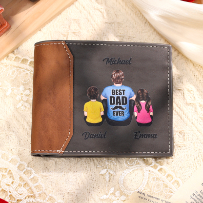 Personalized Leather Wallet – "Best Dad Ever" Custom Family Illustration Gifts for Dad | Lorajewel