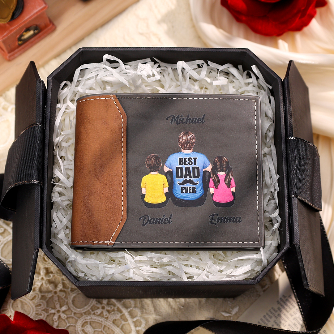 Personalized Leather Wallet – "Best Dad Ever" Custom Family Illustrati