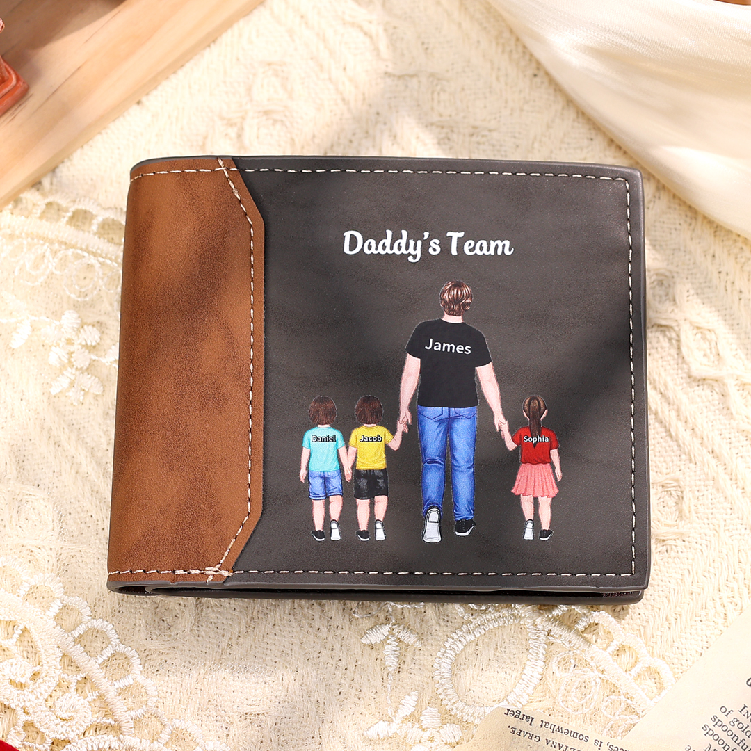 Custom Father & Child Wallet – Personalized “Daddy’s Team” with Names Leather Wallet | Lorajewel