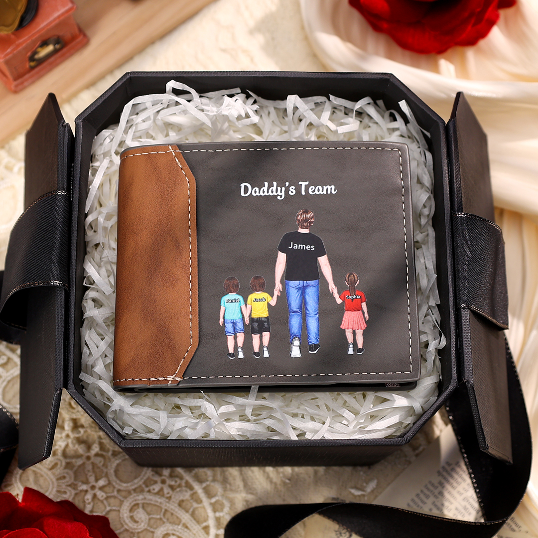 Custom Father & Child Wallet – Personalized “Daddy’s Team” with Names Leather Wallet | Lorajewel