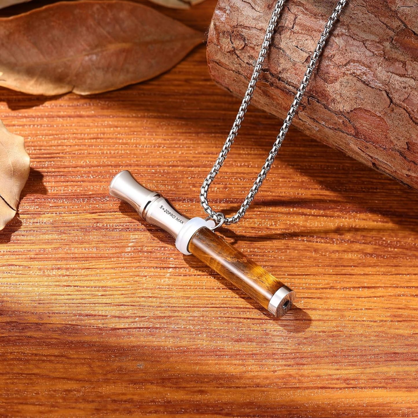 Tiger Eye Stone Breathing Necklace, Steel Accents