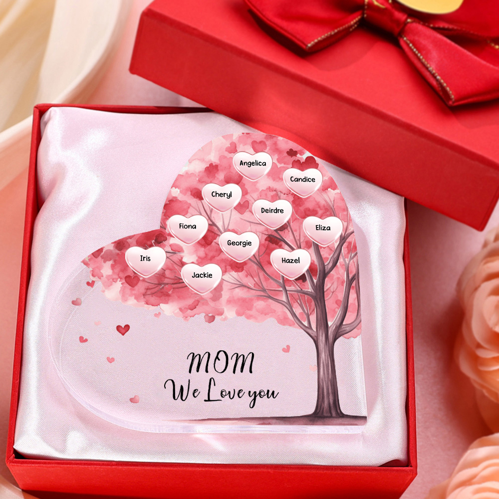 Personalized Text Acrylic Heart Keepsake Custom 1–12 Names Pink Purple Tree Ornaments Gifts for Grandma/Mother
