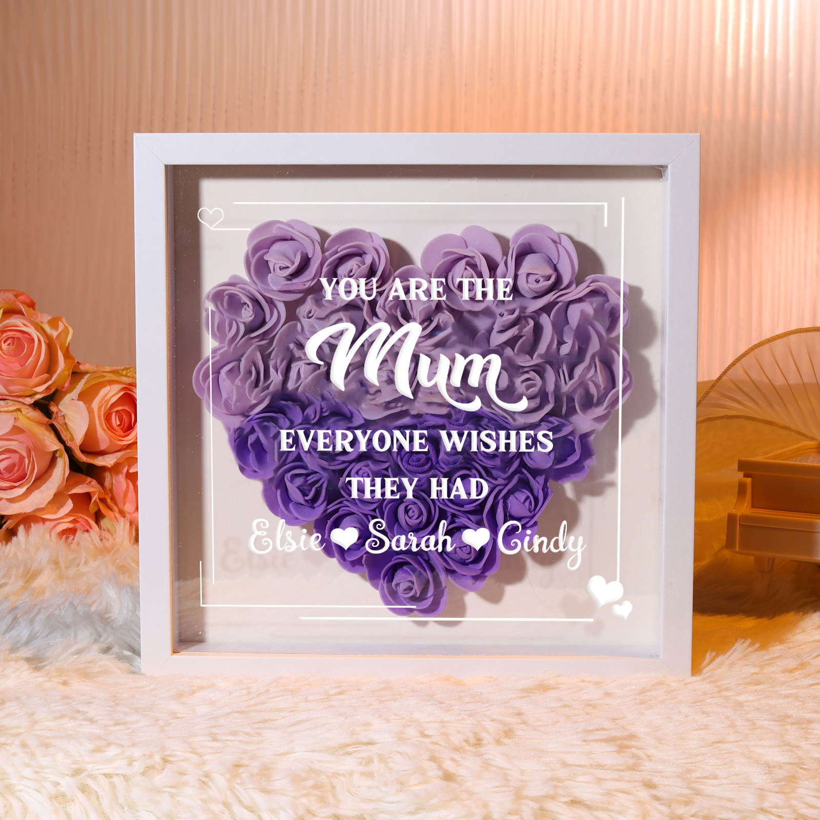 Personalized 1 Nickname & 3 Names Heart-Shaped Rose Shadow Box Frame – Custom Gift for Mom, Grandma & Loved Ones| Jessemade