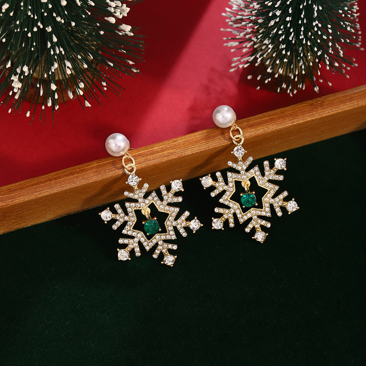 Christmas Snowflake Drop Earrings with Pearl Festive Holiday Gift