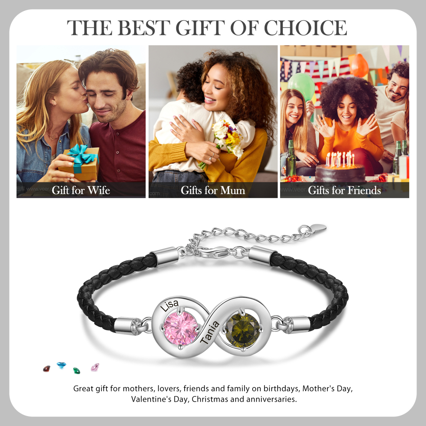 Personalized Infinity Bracelets Custom 2 Birthstones & 2 Names Adjustable Bracelet Gift for Her