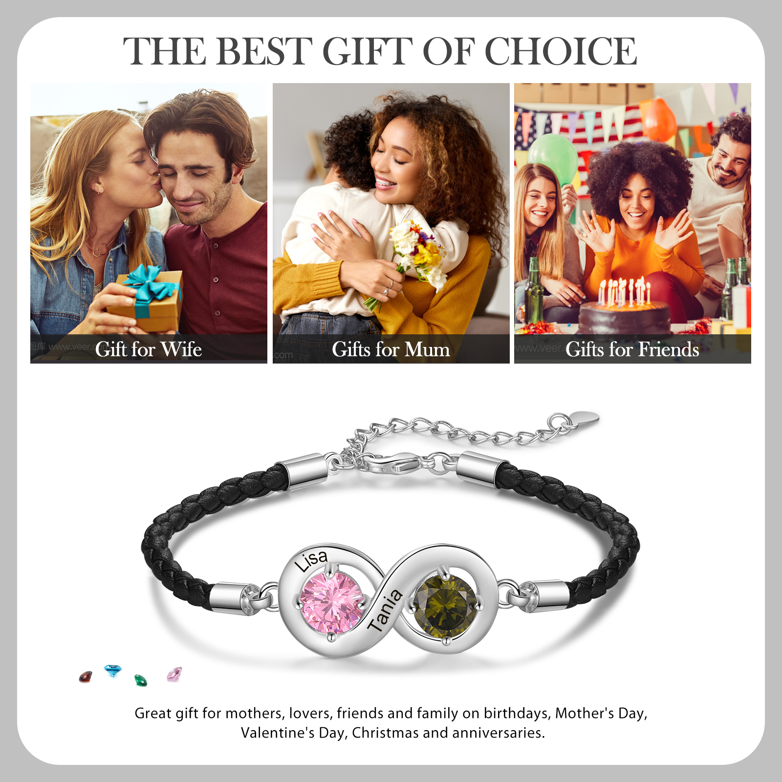 Personalized Infinity Bracelets Custom 2 Birthstones & 2 Names Adjustable Bracelet Gift for Her
