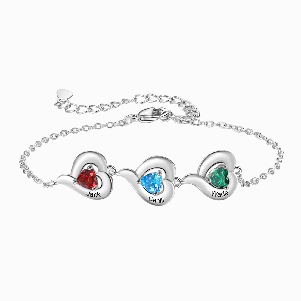 Personalized 1-5 Names Adjustable Heart Birthstone Bracelet