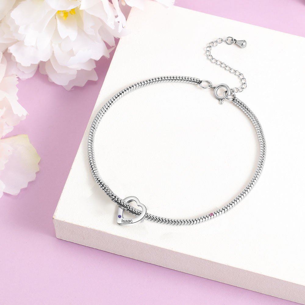Custom Anklet Engraved 1 Name and Birthstone Heart Shaped Charm Personalized Bracelet for Women