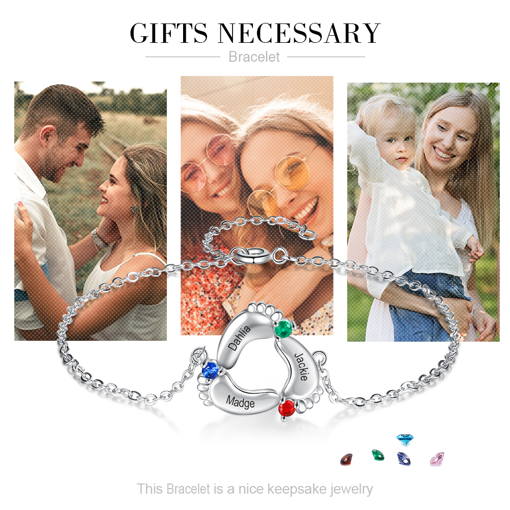 Baby Feet Pendant Bracelet with 3 Birthstones Engraved 3 Names
