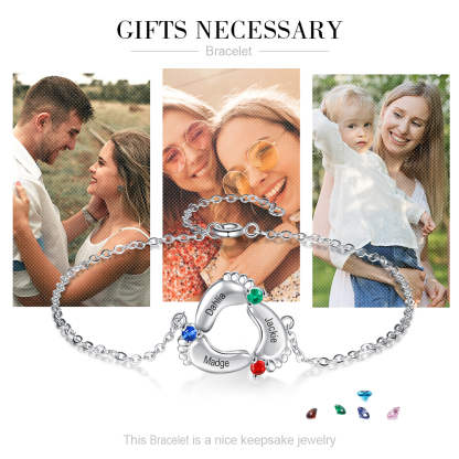 Baby Feet Pendant Bracelet with 3 Birthstones Engraved 3 Names