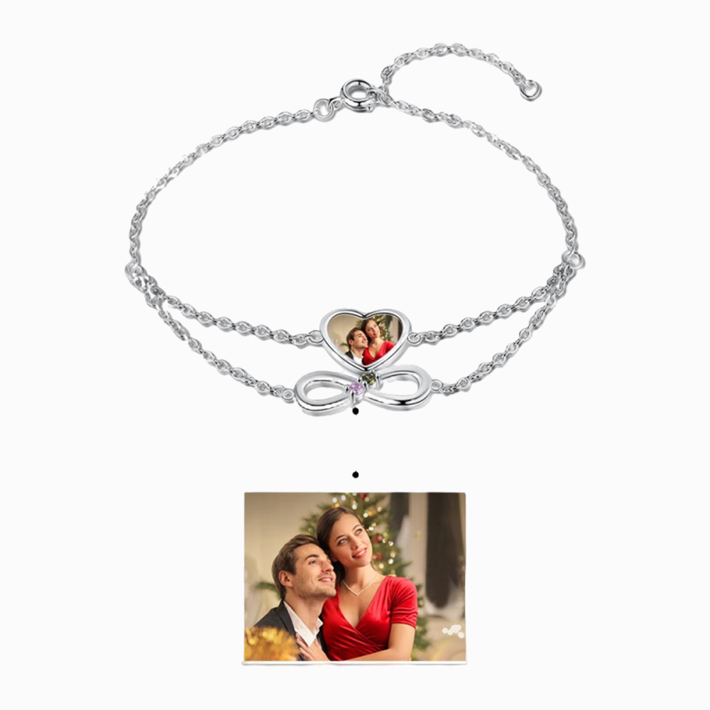 Heart Photo Bracelet Infinity Bracelet with 2 Birthstones Personalized Gift