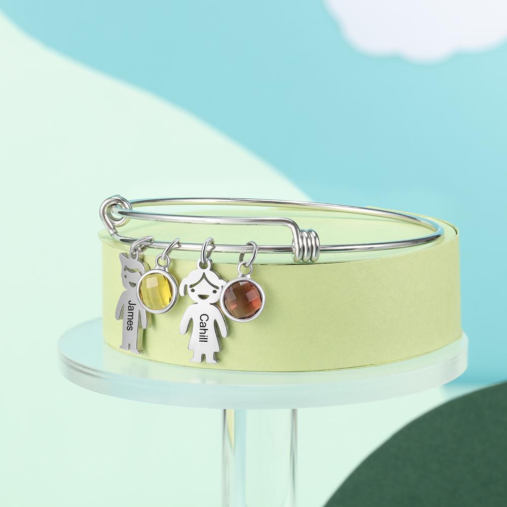 Bangle Bracelet with Kids Charms 2 Birthstone Engraved 2 Names Rose Box Set