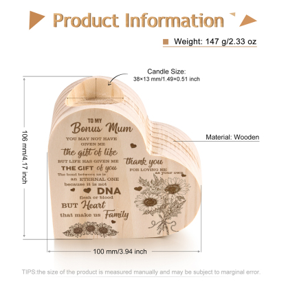 To My Mum - Wooden Heart Candle Holder Flower Candlesticks "Thank you for loving me as your own" Gifts For Mother
