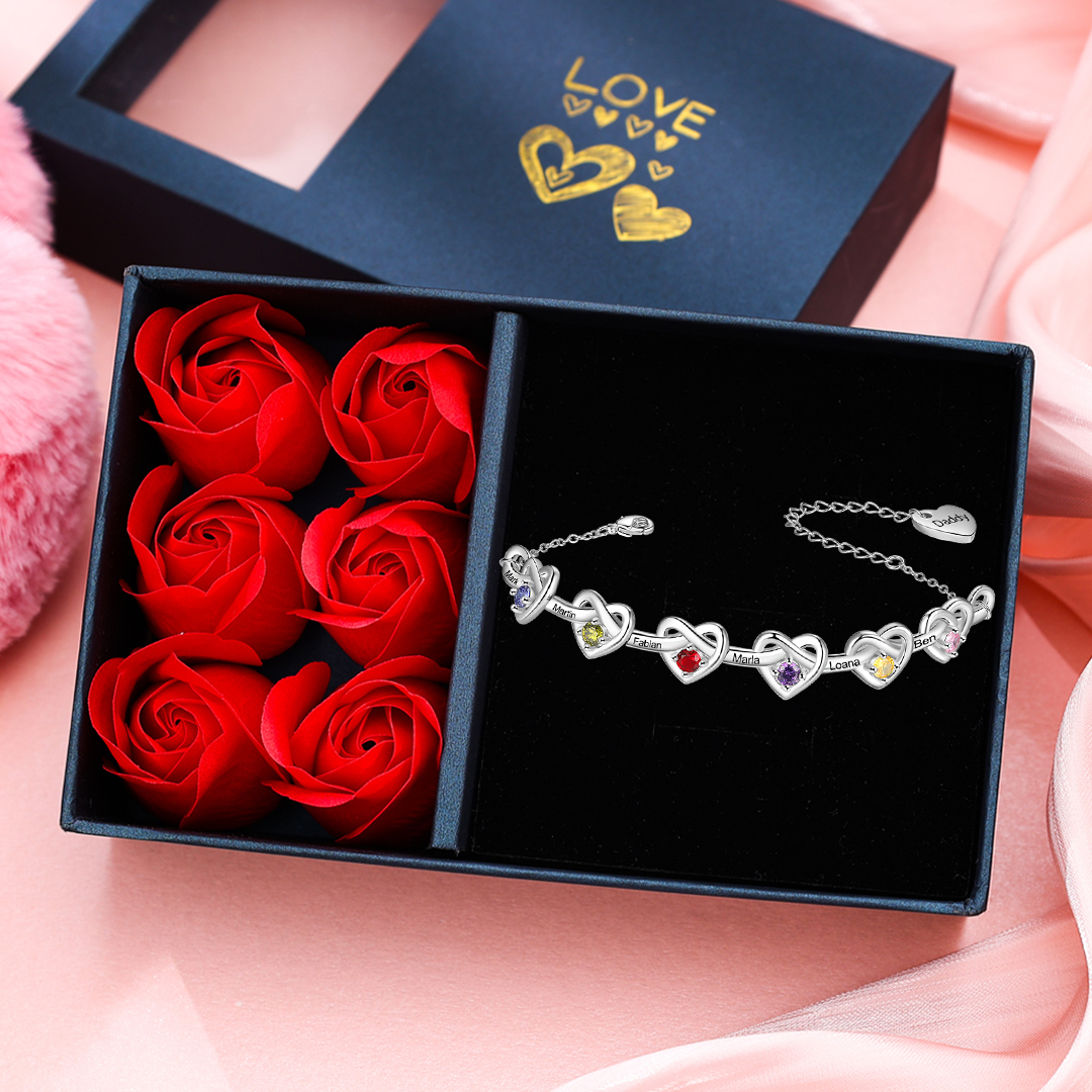 6 Names - Personalized Linked Heart Bracelet Custom 6 Birthstones Engraved Text Bracelets-Lorajewel