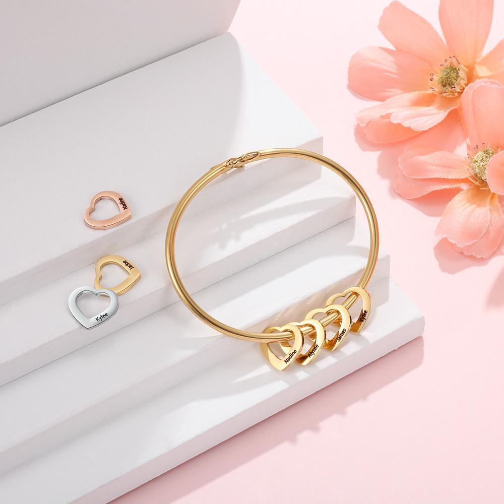 Love Bracelet Bangle Bracelet with 4 Heart Shape Pendant Engraved 4 Names Gift For Mom