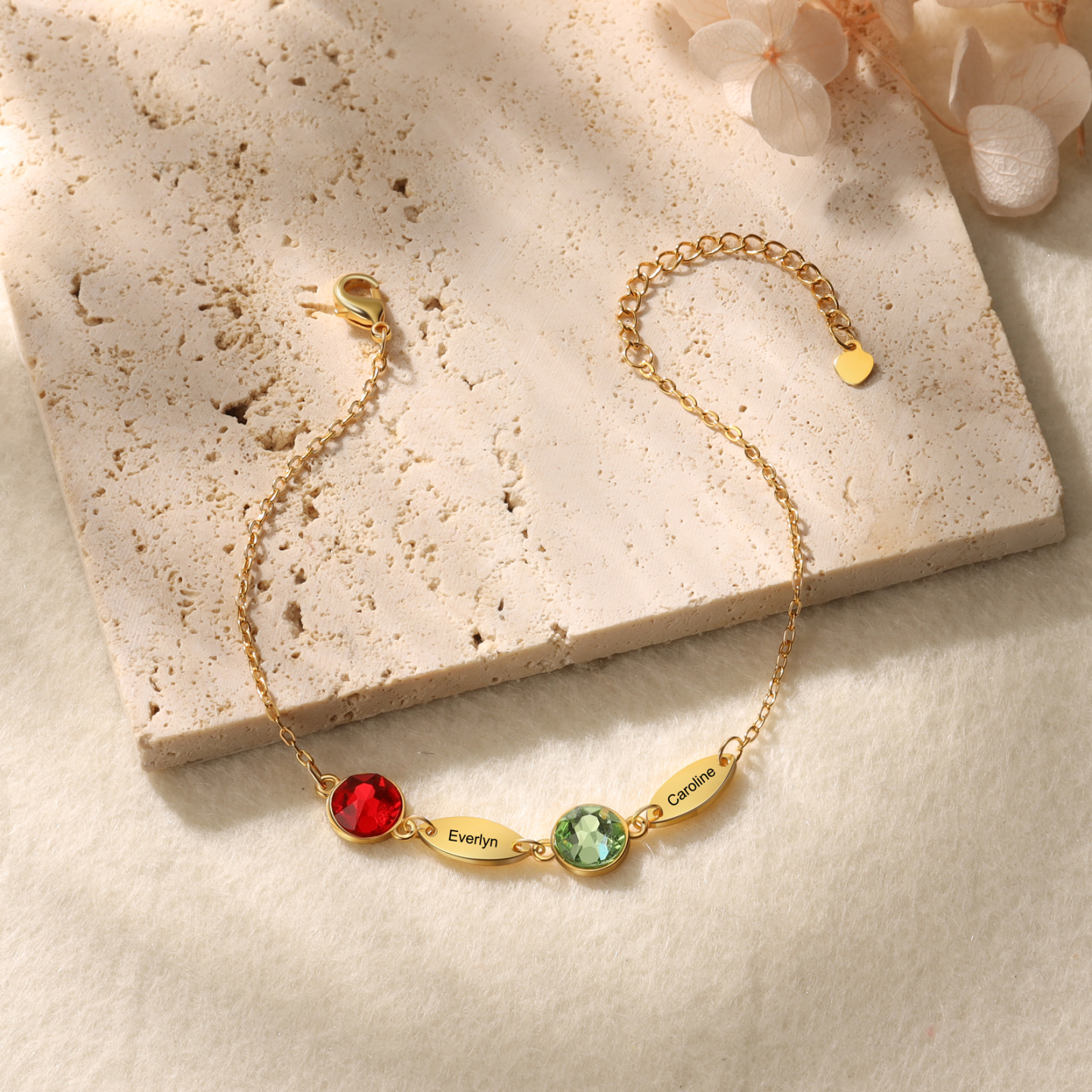 Custom Birthstone Bracelet Engraved 2 Names Family Bracelet for Her
