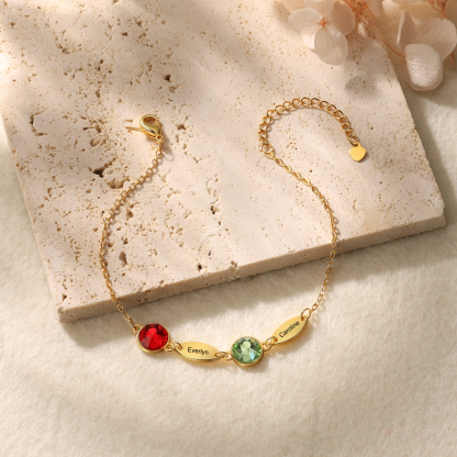 Custom Birthstone Bracelet Engraved 2 Names Family Bracelet for Her