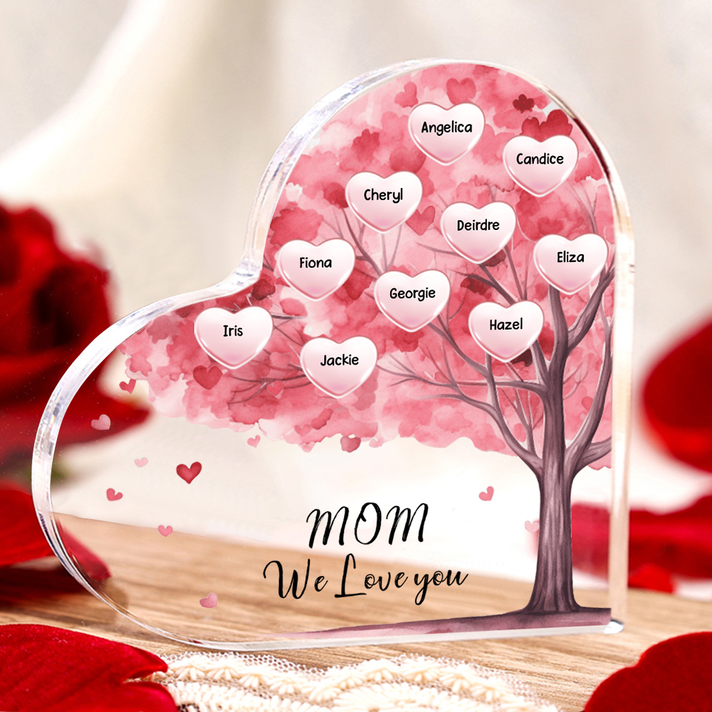 Personalized Text Acrylic Heart Keepsake Custom 1–12 Names Pink Purple Tree Ornaments Gifts for Grandma/Mother