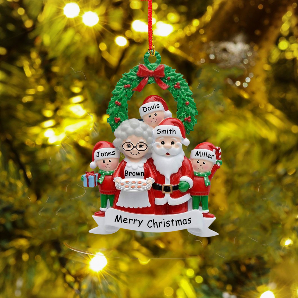 Santa Family Ornament Custom 5 Names Grandparents with Grandkids Ornament