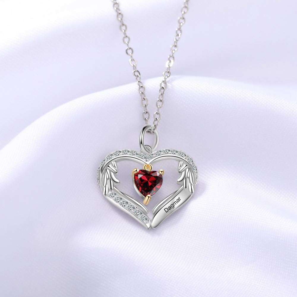 Personalized Diamond Heart Necklace with 1 Birthstone Wings Necklace