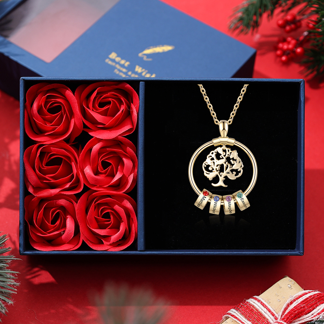 Personalized Family Necklace and Leather Bracelet Set with 4 Birthstones 4 Names Christmas Gift for Loved Ones