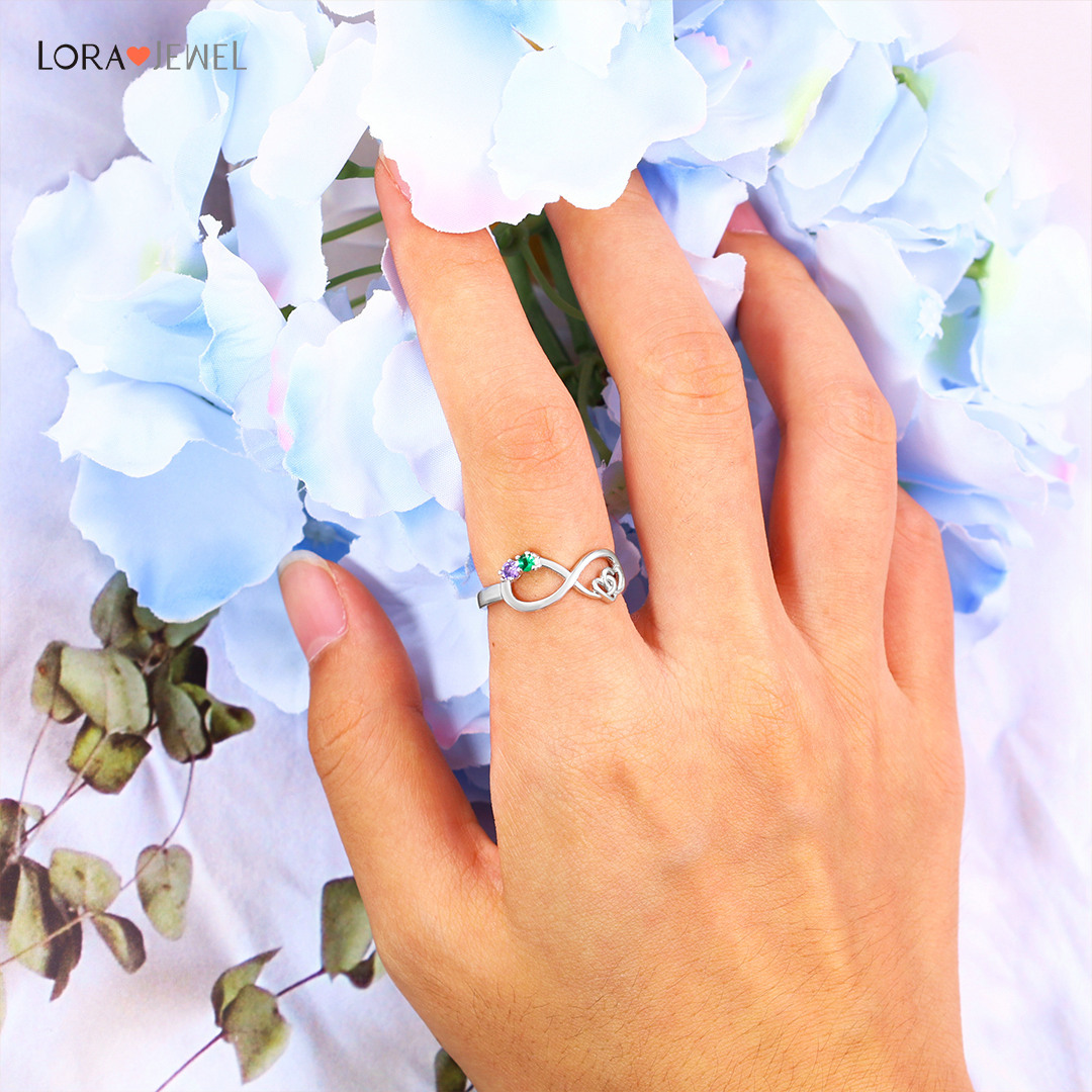 S925 Infinity Ring Double Heart Promise Ring Personalized with 2 Birthstones Engraved Sterling Silver Ring