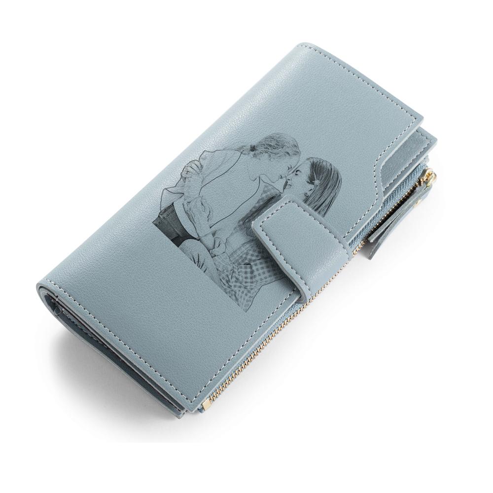 Women Long Style Photo Wallets Custom Inscription Photo Engraved Wallet Blue Grey
