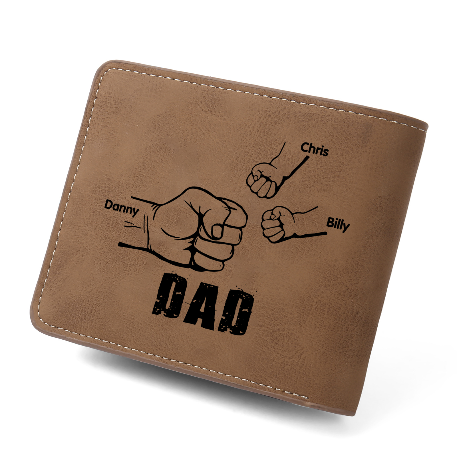 3 Names - Personalized Men Leather Wallet Custom Name & Photo & Text Folding Wallet Fist Bump Wallet Gift for Dad