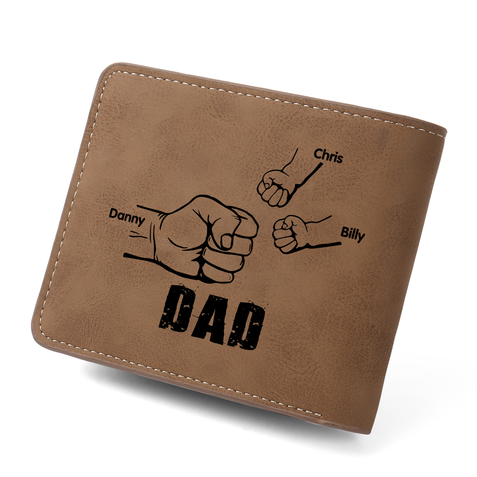 3 Names - Personalized Men Leather Wallet Custom Name & Photo & Text Folding Wallet Fist Bump Wallet Gift for Dad