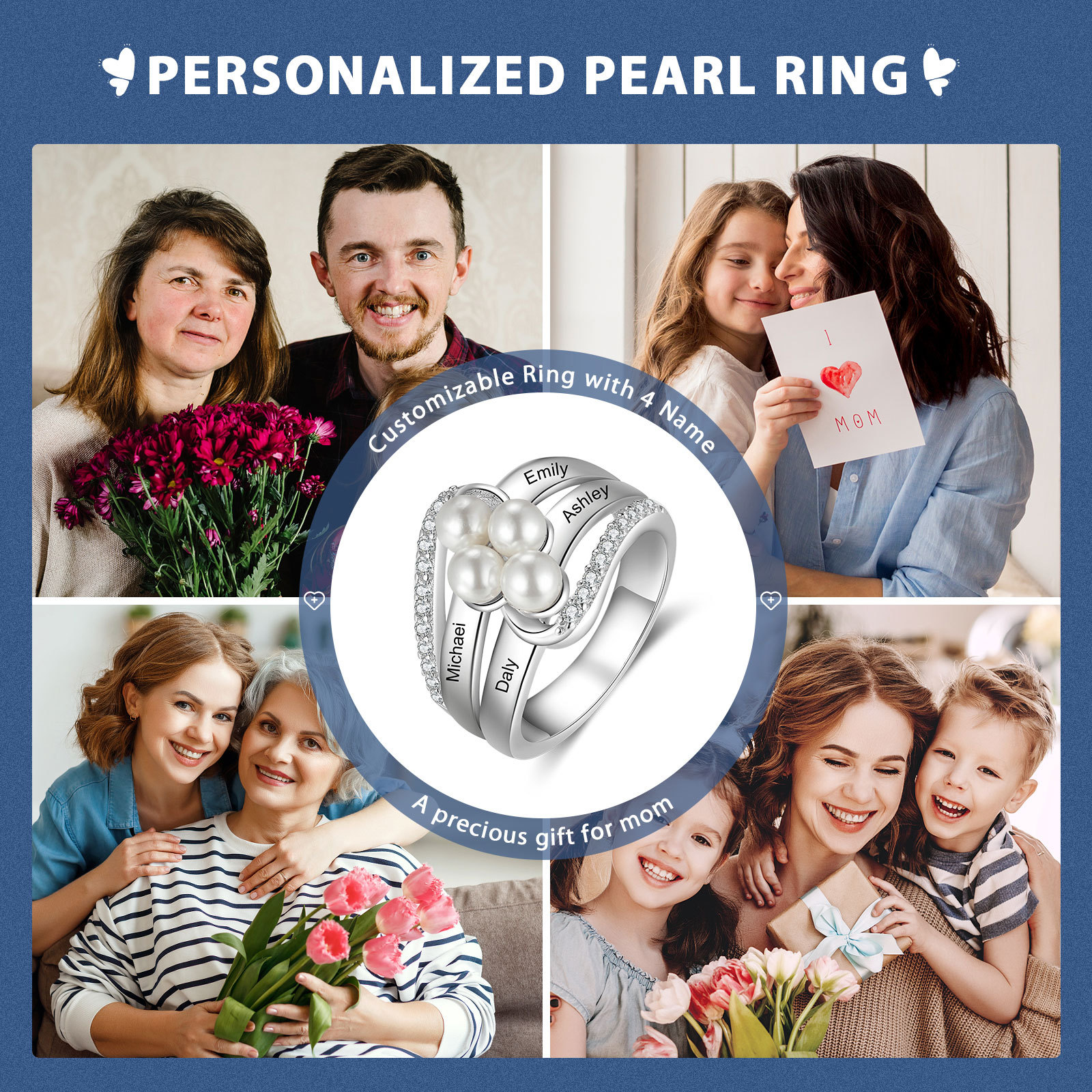 Personalized Pearl Ring Engrave 4 Names Gifts For Her