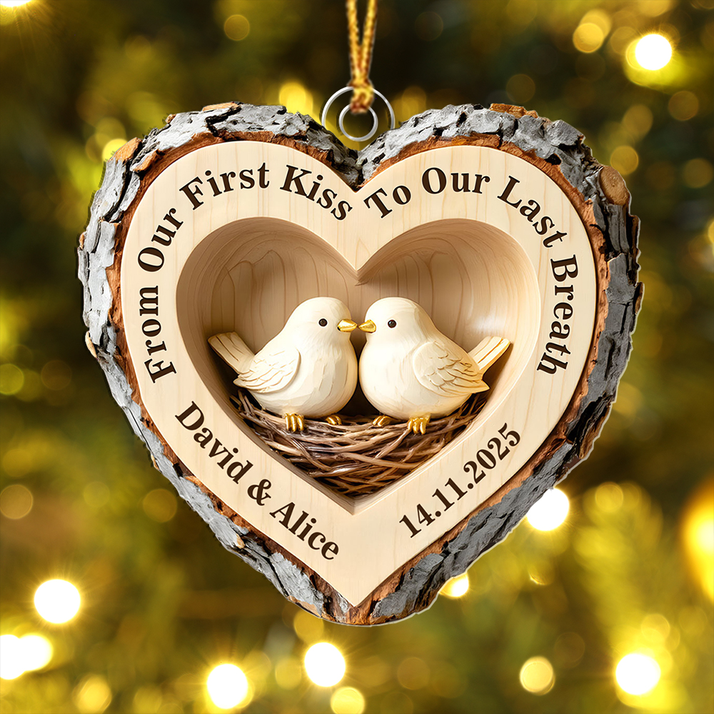 Personalized Couple Carved Wood Heart Lovebirds Ornament
