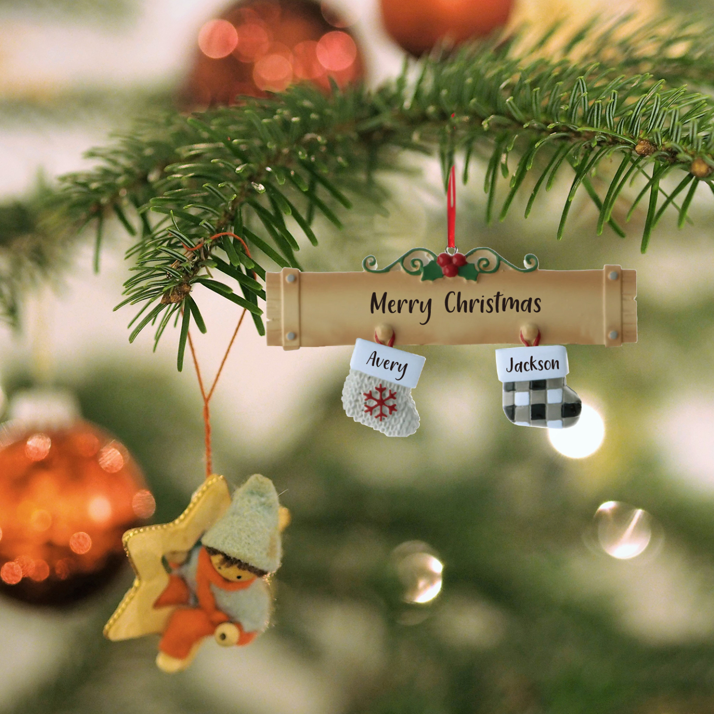 2 Names - Personalized Christmas Stockings Ornaments Customized Name & Text Christmas Decor Wooden Gifts for Family Friends