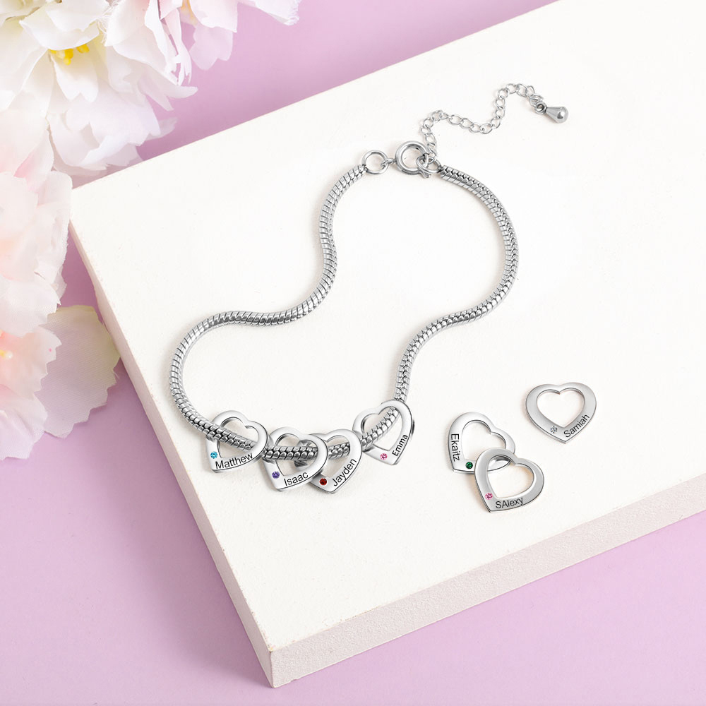 Custom Anklet Engraved 4 Names and Birthstones Heart Shaped Charm Personalized Bracelet for Women