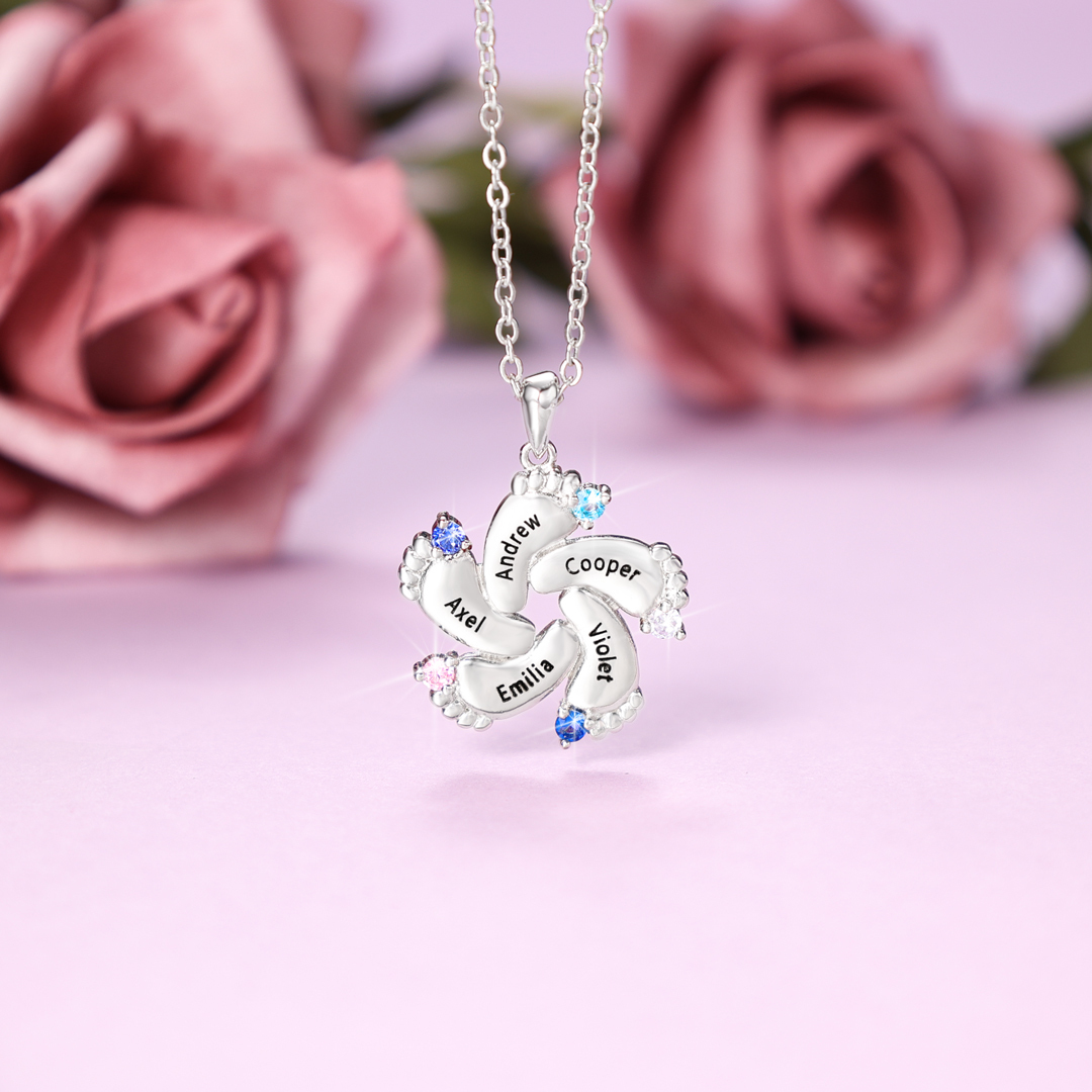 Baby Feet Necklace Custom 5 Birthstone Family Gifts for Mother